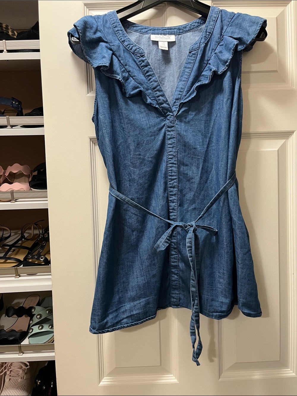 Motherhood Maternity Denim Ruffle V-Neck Tie-Waist Tunic